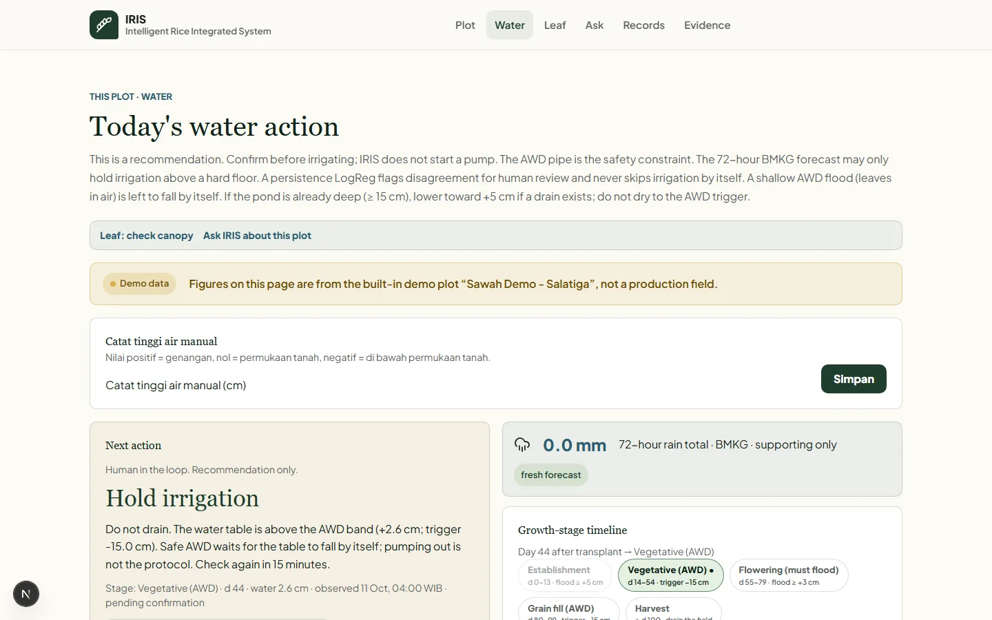 The IRIS water screen showing the stage rules behind the recommendation and the reason it was flagged.