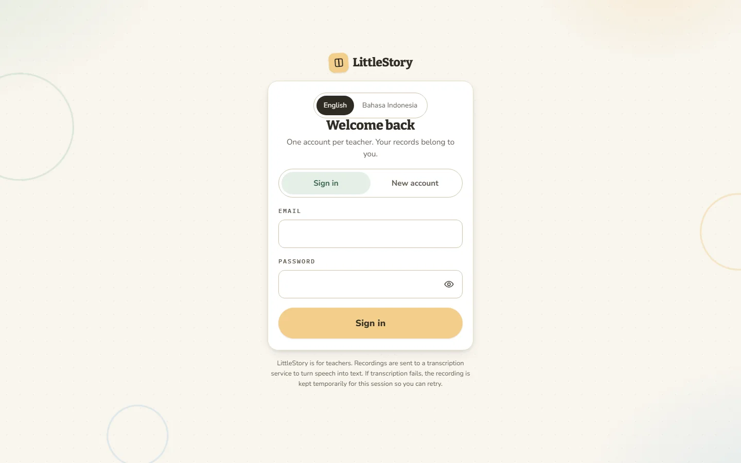 The LittleStory sign-in screen, with the app name, bilingual language toggle and email and password fields.