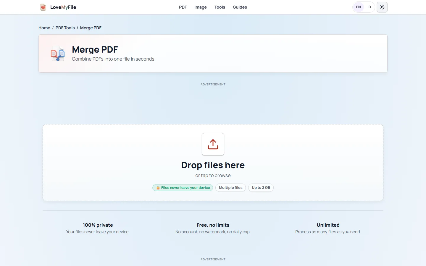 The Merge PDF tool showing a drop area and its no signup, no ads, unlimited trust line.
