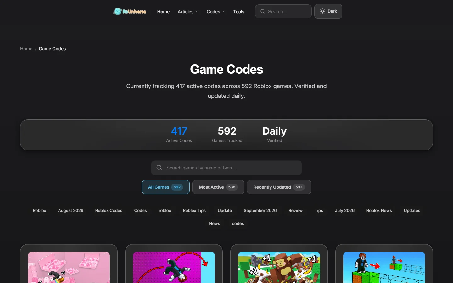 The RoUniverse codes index, showing game entries with verification labels, check dates and per-game counts.